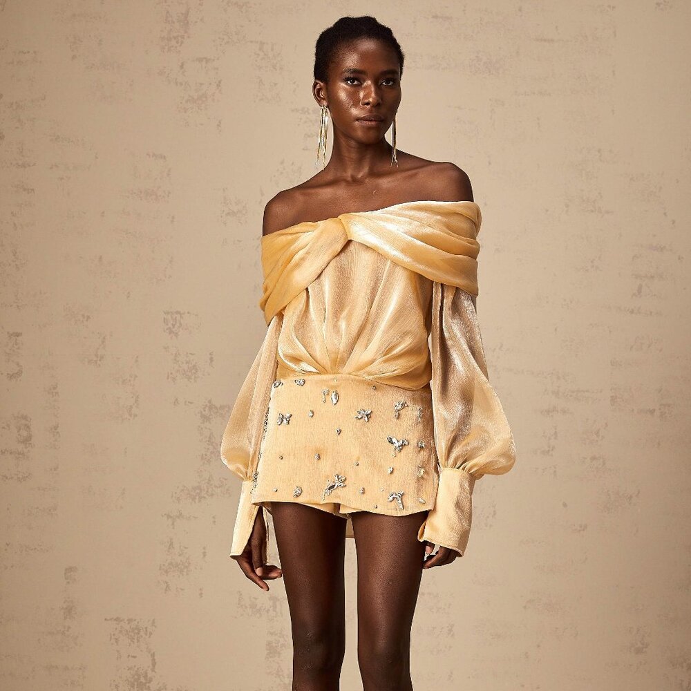 Miss Rosier Adelina Gold Crystal-Embellished Panelled Mini Dress. Size = large